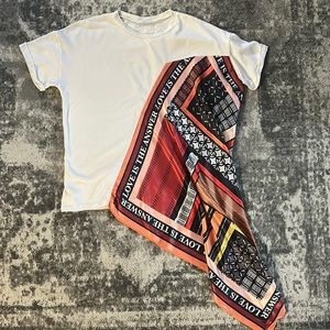 Zara Short Sleeve Cotton Tee w Attached Printed Polyester Scarf